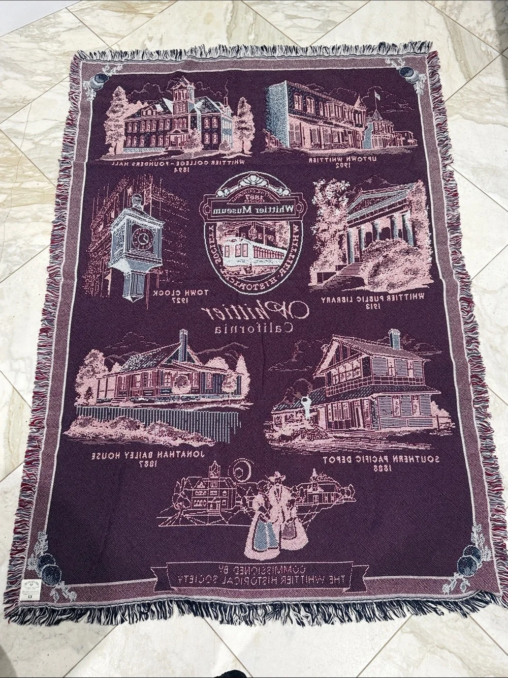 Whittier Museum -California Souvenir Tapestry Throw Blanket Scenes 48” by 68”